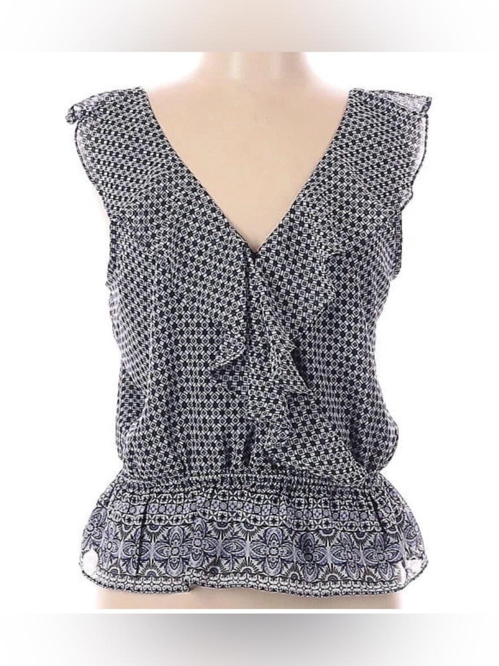 Evereve Kaylene Navy Geo Print Peplum Tank Blouse Size Medium